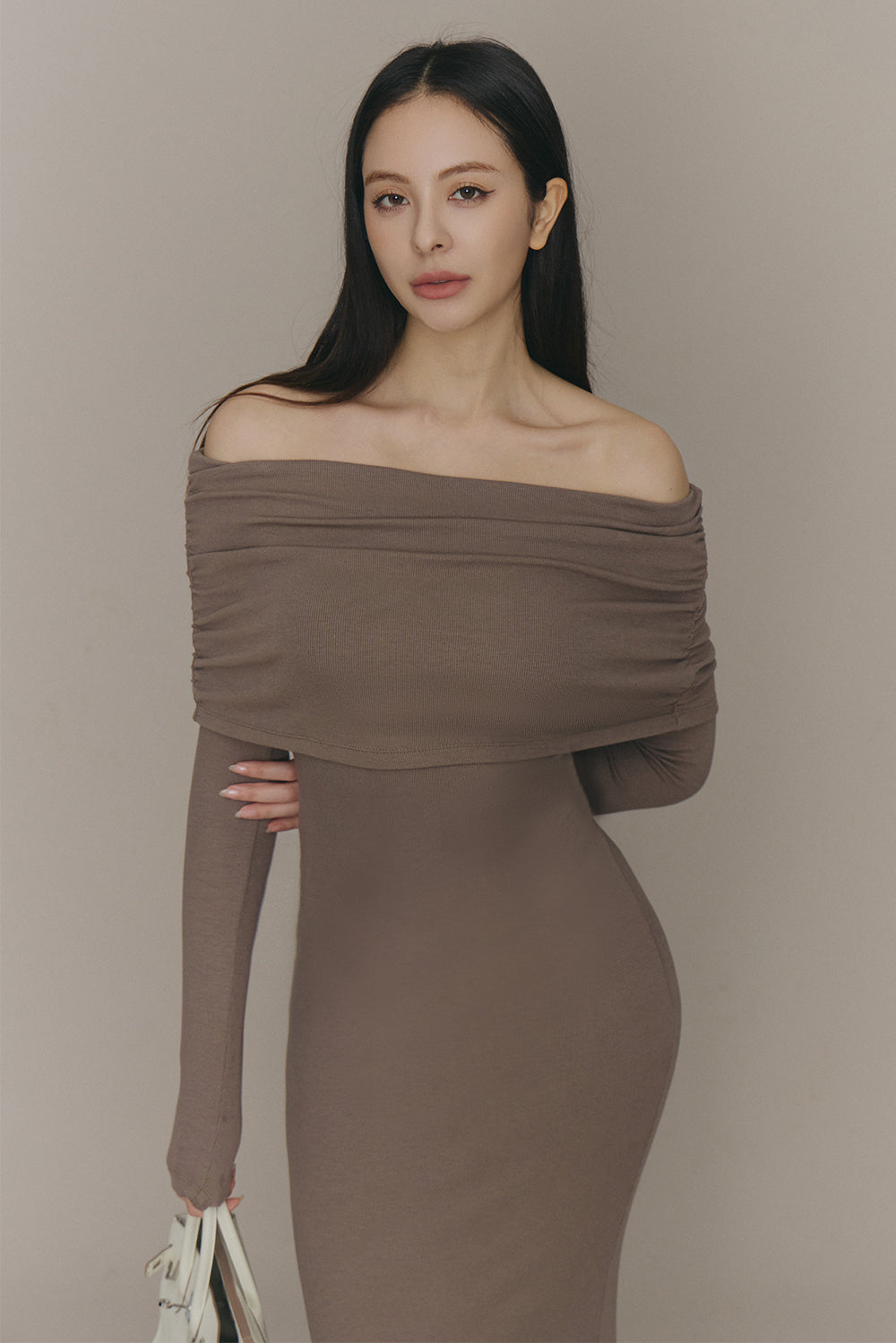 Elegant Rib Knit Fold Over Fishtail Maxi Bra Dress (一見鍾情羅紋翻領魚尾襯墊長洋裝)