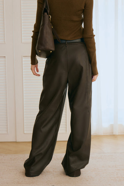 【預購】Faux Leather Wide-Leg Pants (皮革側拉鍊寬褲)