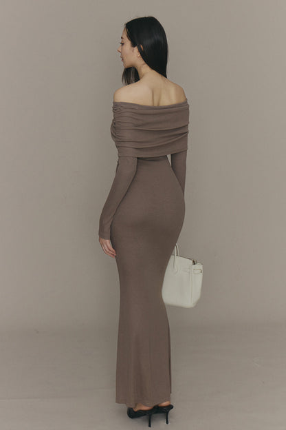 Elegant Rib Knit Fold Over Fishtail Maxi Bra Dress (一見鍾情羅紋翻領魚尾襯墊長洋裝)