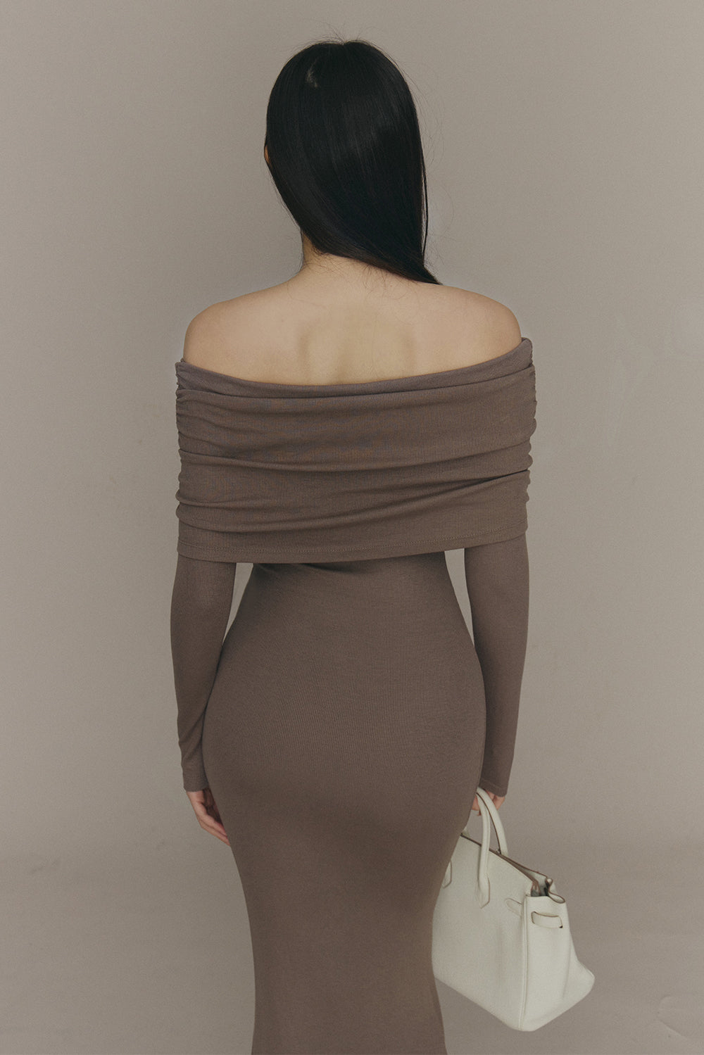 Elegant Rib Knit Fold Over Fishtail Maxi Bra Dress (一見鍾情羅紋翻領魚尾襯墊長洋裝)