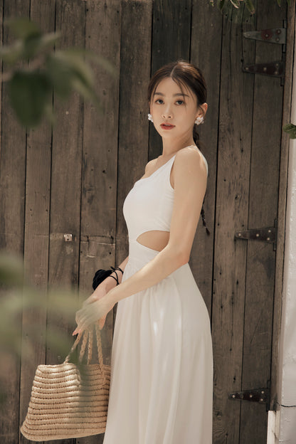 Cotton Linen One Shoulder Bra Dress (棉麻單肩側鏤空)