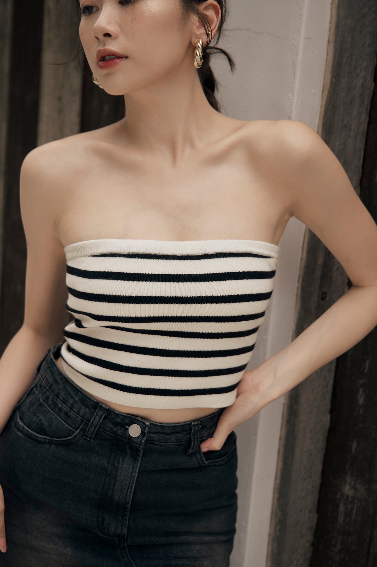 Stripe Strapless Bra Top (不滑落！針織push up平口)