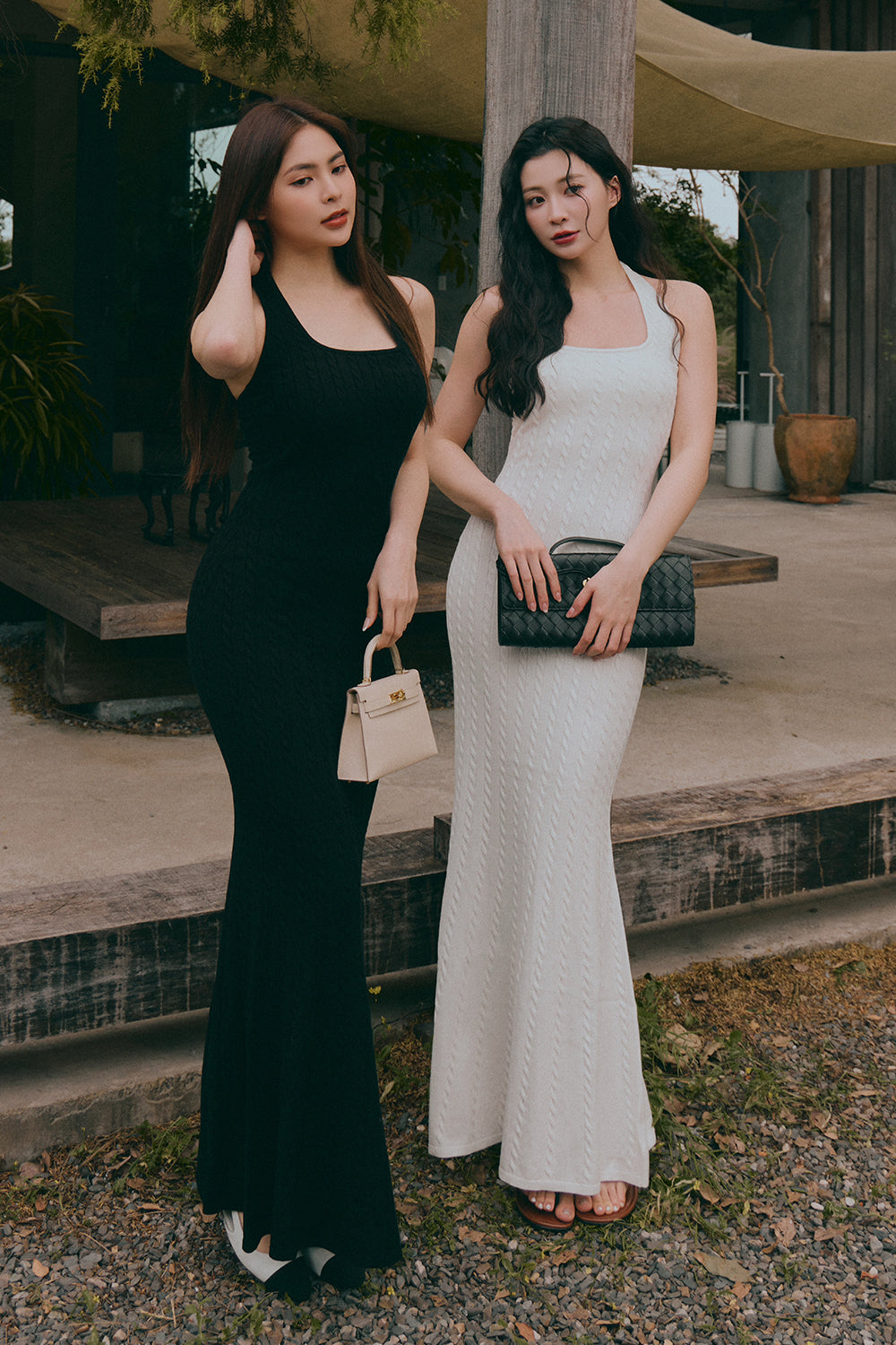 Afternoon Walk Knit Halter Fishtail Maxi Bra Dress <br/>午後漫步麻花繞脖魚尾襯墊長洋裝