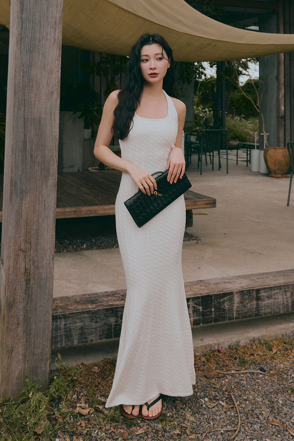 Afternoon Walk Knit Halter Fishtail Maxi Bra Dress <br/>午後漫步麻花繞脖魚尾襯墊長洋裝