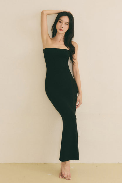 Elegant Rib Knit Strapless Bra Dress (羅紋平口襯墊長洋裝)