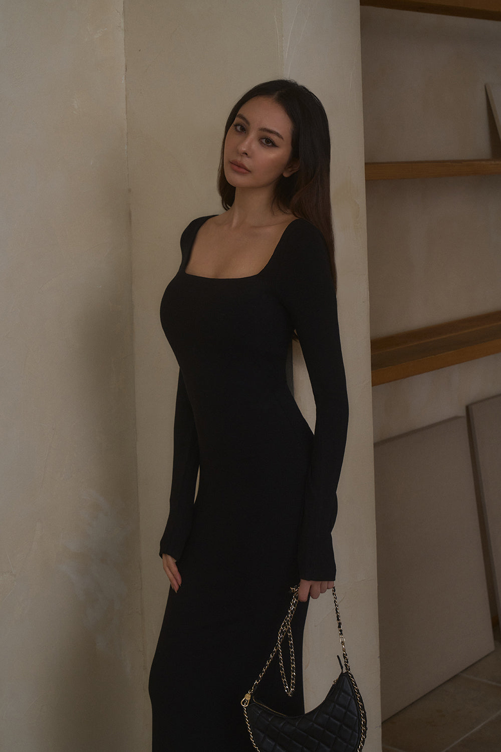 Elegant Rib Knit Long Sleeve Maxi Bra Dress (一見鍾情羅紋方領襯墊長洋裝)