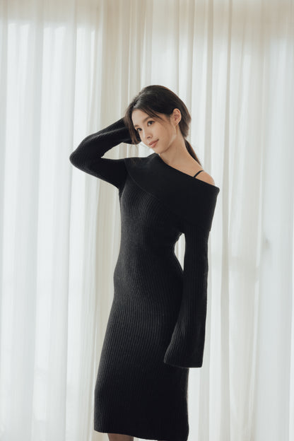 Wool Knit Off-Shoulder Dress (羊毛翻領長洋裝)