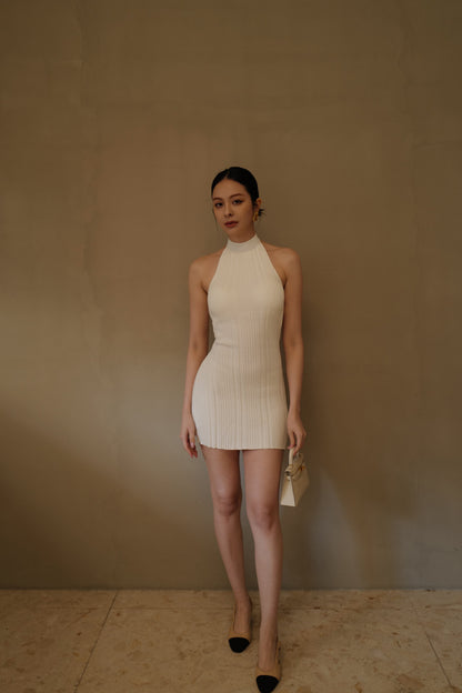 Wide Ribbed Knit Halter Mini Bra Dress (繞脖綁帶襯墊短洋裝)