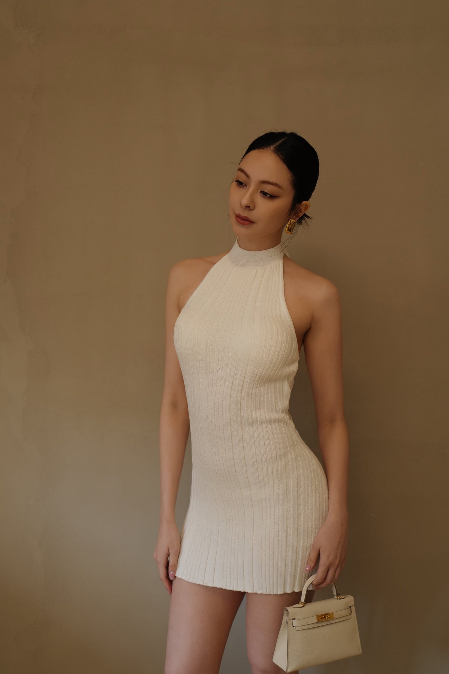 Wide Ribbed Knit Halter Mini Bra Dress (繞脖綁帶襯墊短洋裝)