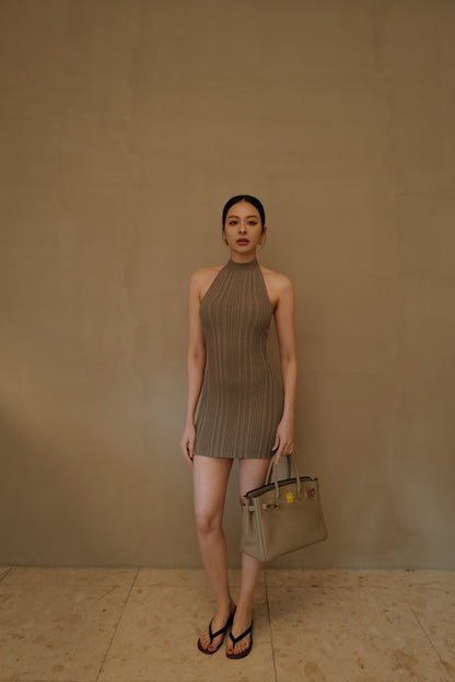 Wide Ribbed Knit Halter Mini Bra Dress (繞脖綁帶襯墊短洋裝)