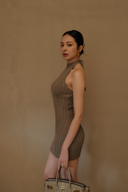 Wide Ribbed Knit Halter Mini Bra Dress (繞脖綁帶襯墊短洋裝)