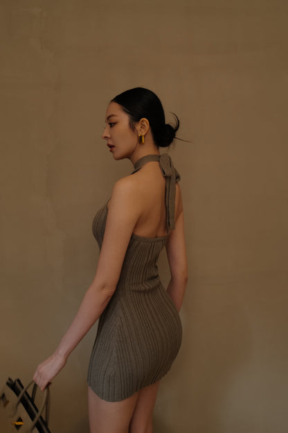 Wide Ribbed Knit Halter Mini Bra Dress (繞脖綁帶襯墊短洋裝)