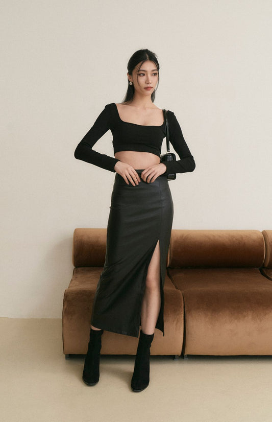 Front Slit Leather Long Skirt (質感前開衩皮長裙)