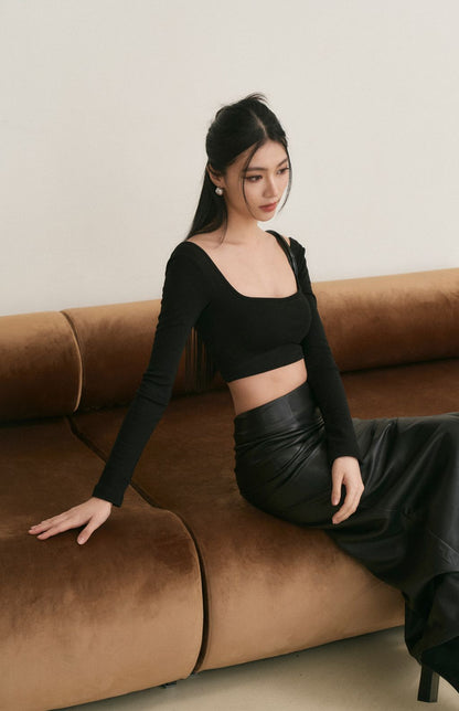 Front Slit Leather Long Skirt (質感前開衩皮長裙)