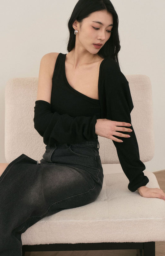 One Shoulder Bra Top + Shrug Set (時髦單肩BraTop罩衫兩件組) By Beigy - Milu