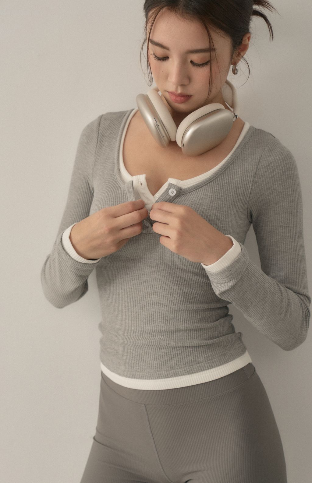 Front Button Long Sleeve Two-Piece Bra Top<br/>可開釦假兩件Bra Top