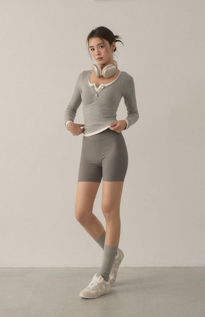 Front Button Long Sleeve Two-Piece Bra Top<br/>可開釦假兩件Bra Top
