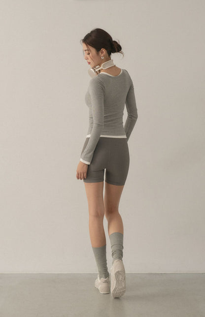 Front Button Long Sleeve Two-Piece Bra Top<br/>可開釦假兩件Bra Top