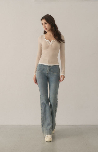 Front Button Long Sleeve Two-Piece Bra Top<br/>可開釦假兩件Bra Top