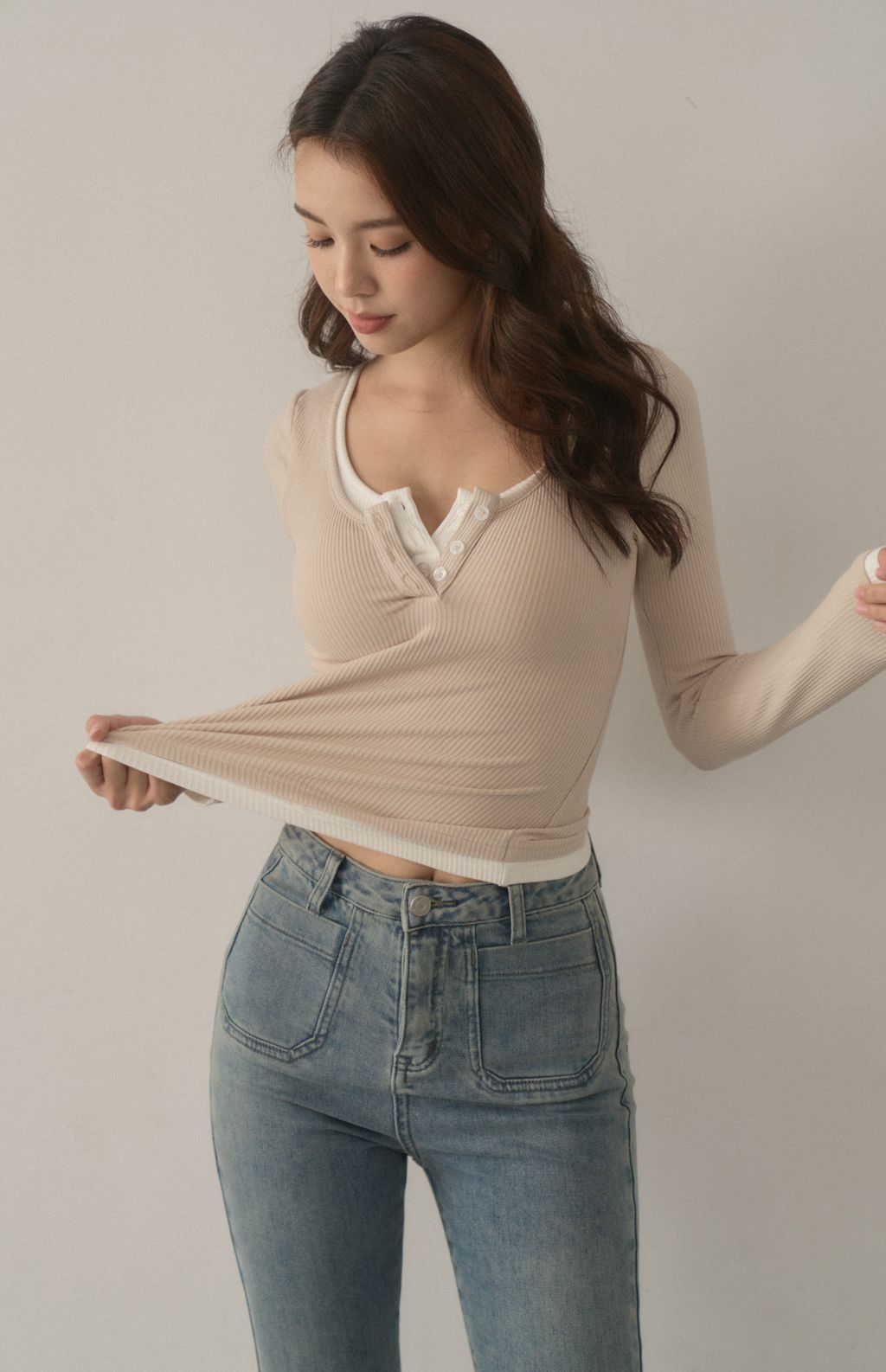 Front Button Long Sleeve Two-Piece Bra Top<br/>可開釦假兩件Bra Top