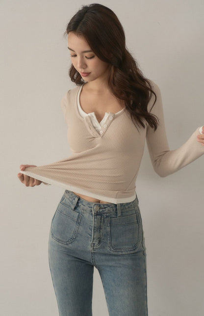 Front Button Long Sleeve Two-Piece Bra Top<br/>可開釦假兩件Bra Top