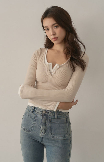 Front Button Long Sleeve Two-Piece Bra Top<br/>可開釦假兩件Bra Top