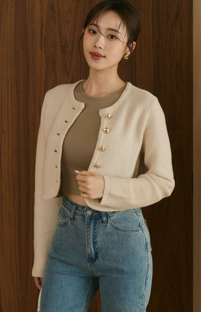 Cropped Rib Knit Cardigan<br/>法式圓襬包邊針織外套