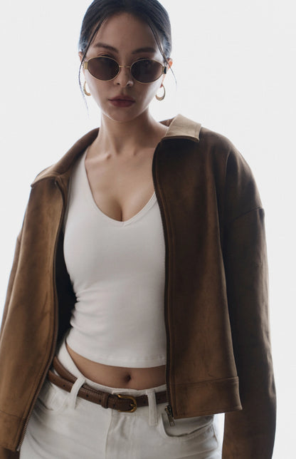 Wide Strap V-Neck Side-Ruched Sueded Bra Top<br/>寬肩V領側抓皺磨毛Bra Top