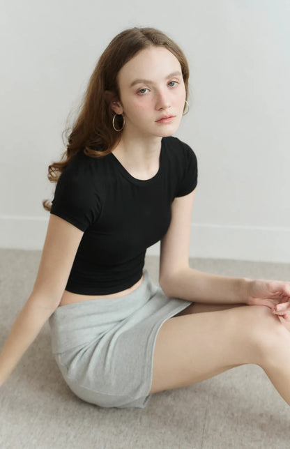 Fold-Over Wide-Waistband Ribbed Skort<br/>反折寬腰帶羅紋短褲裙
