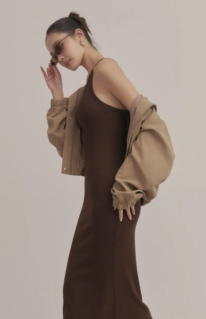 Ribbed V-Neck Racerback Bodycon Maxi Bra Dress<br/>羅紋V領挖背修身Bra Dress