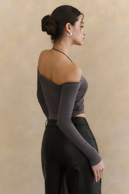 Lace Off-Shoulder Sueded Bra Top<br/>蕾絲一字領磨毛長袖Bra Top