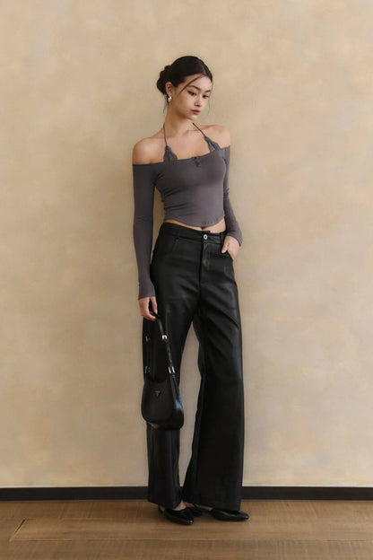 Lace Off-Shoulder Sueded Bra Top<br/>蕾絲一字領磨毛長袖Bra Top