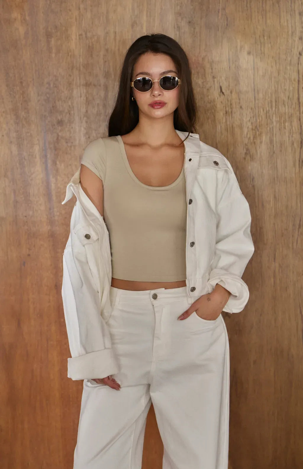 Modal Round Neck Short Sleeve Bra Top<br/>歐美心機圓領短袖Bra Top