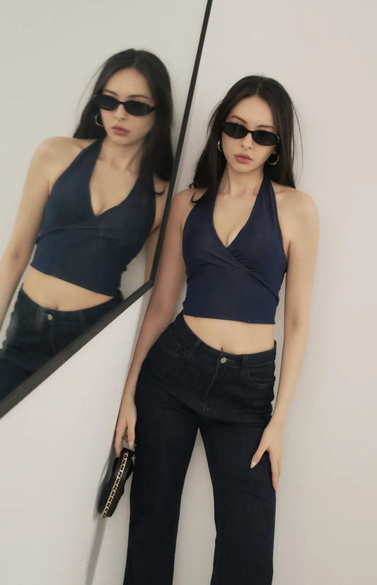 V-Neck Denim Bra Top<br/>率性繞頸V領牛仔Bra Top