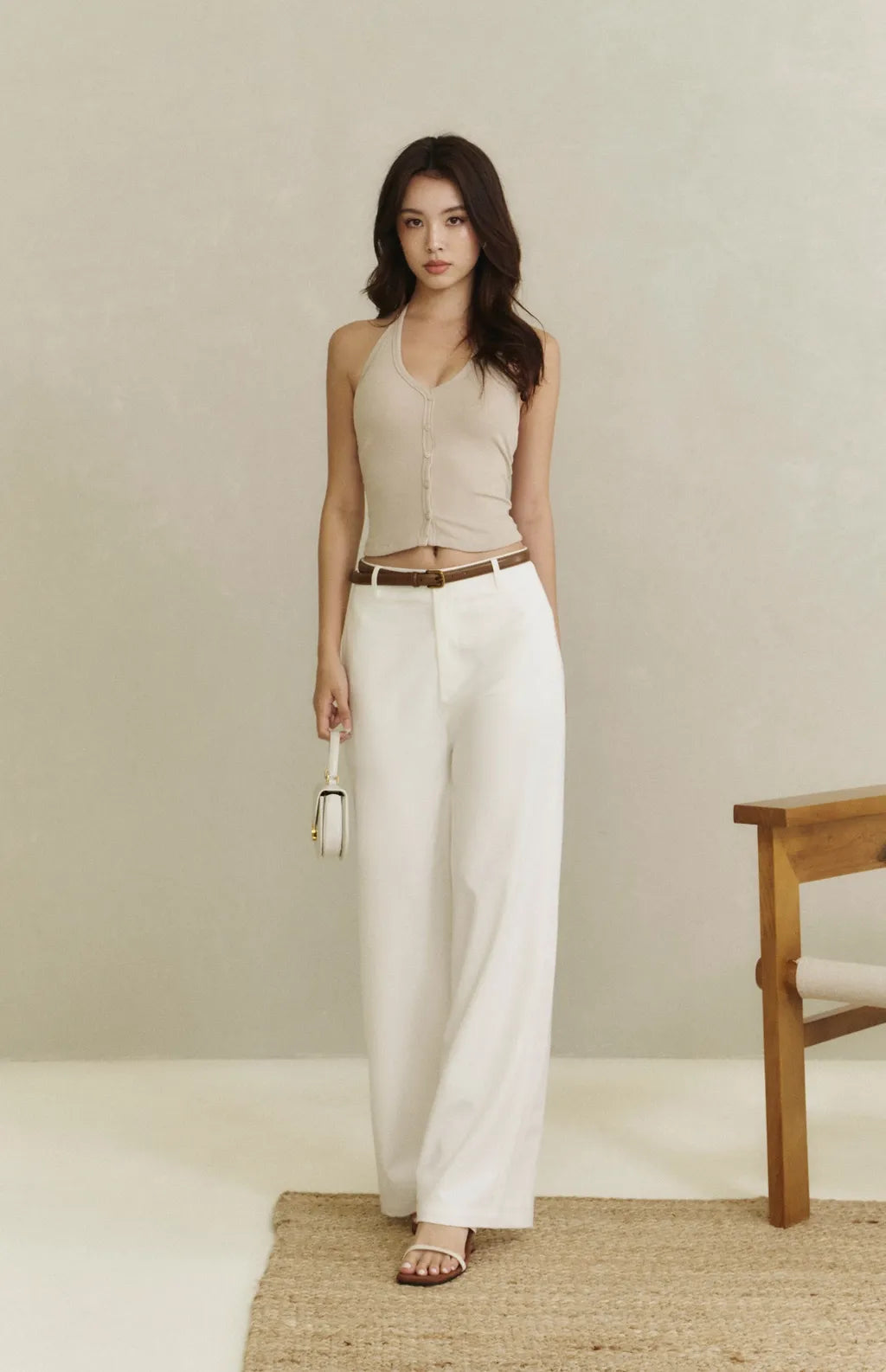 Front Button V-Neck Halter Bra Top<br/>繞脖V領排釦羅紋Bra Top By Beigy - Milu