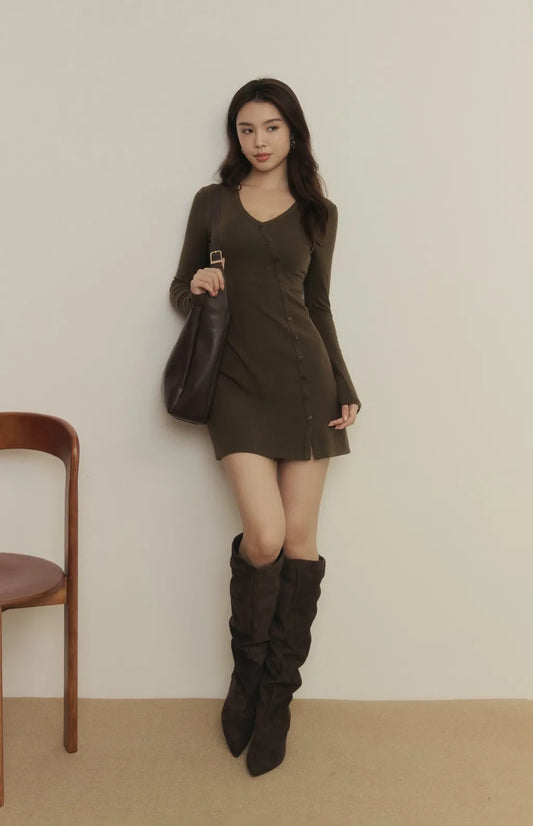 Tencel V-Neck Ribbed Mini Bra Dress<br/>天絲V領斜釦羅紋Bra Dress
