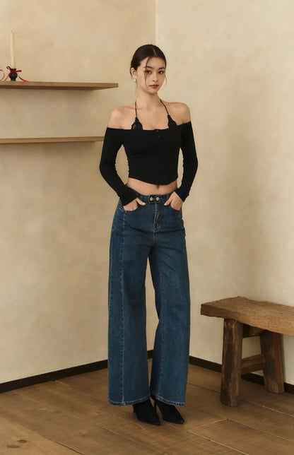 Lace Off-Shoulder Sueded Bra Top<br/>蕾絲一字領磨毛長袖Bra Top