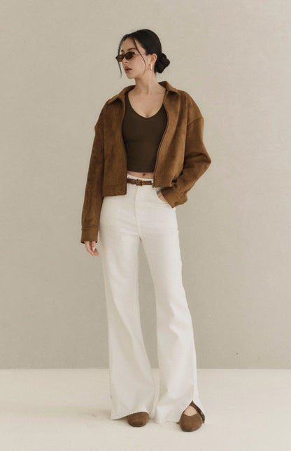 Wide Strap V-Neck Side-Ruched Sueded Bra Top<br/>寬肩V領側抓皺磨毛Bra Top