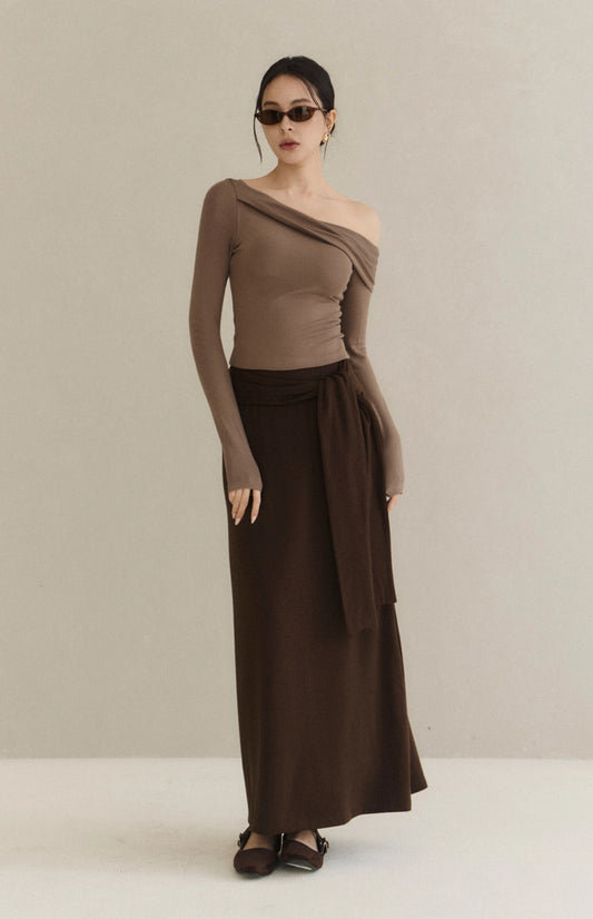 (最後現貨) Cozy Wool-Blend Tie-Waist Long Skirt<br/>羊毛假兩件綁帶裙 -【XS】