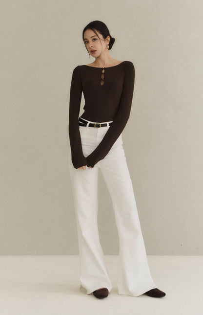 Boat-Neck Cutout Ribbed Bra Top<br/>船型領鏤空坑條長袖Bra Top