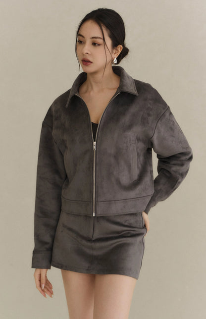 Minimal Suede Collared Zip Jacket<br/>極簡翻領麂皮外套