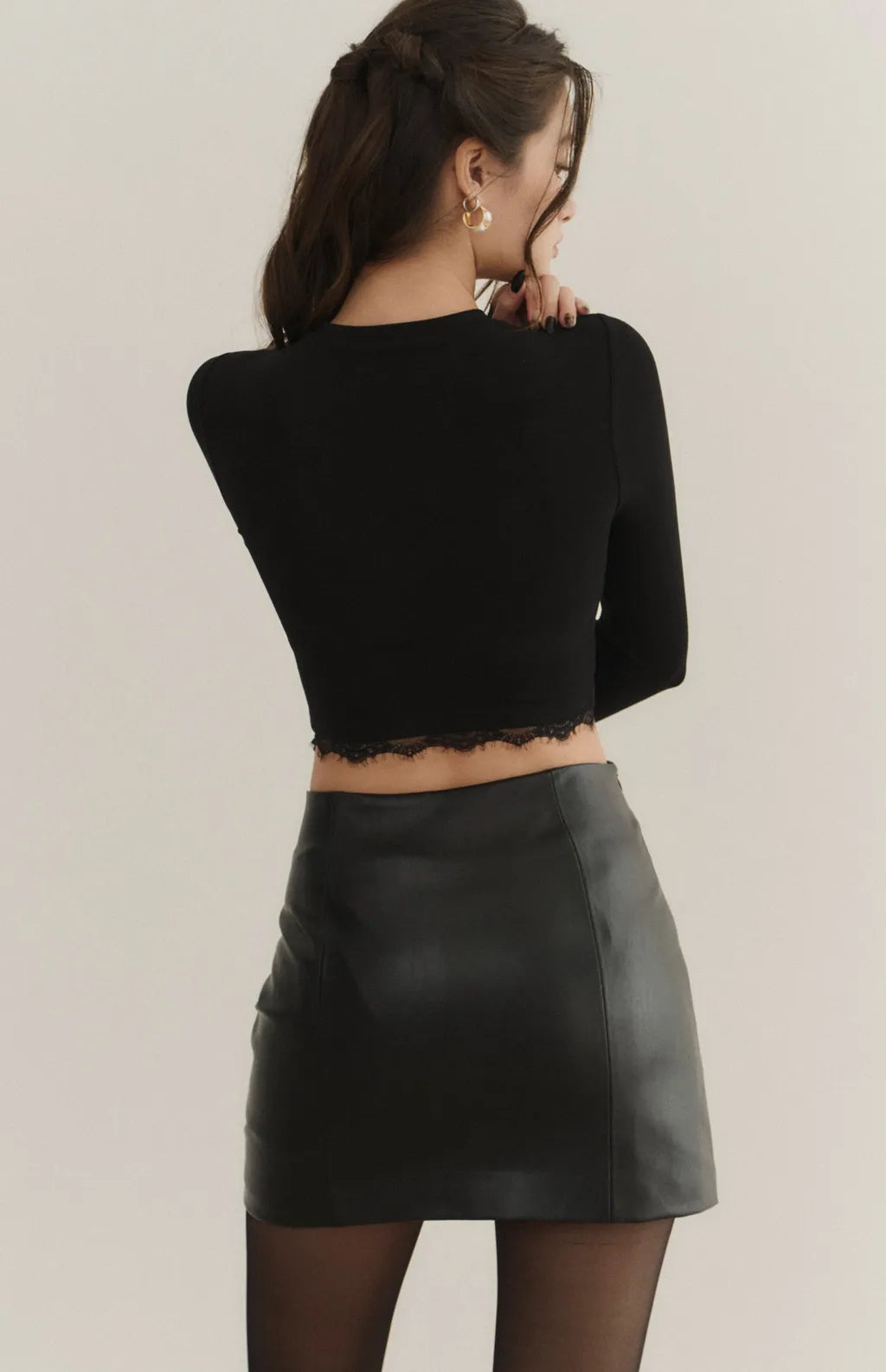 （最後現貨）Modal Lace-Panel Crew Neck Long Sleeve Bra Top<br/>莫代爾拼接蕾絲圓領長袖Bra Top -【XS】