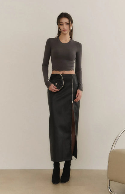 （最後現貨）Modal Lace-Panel Crew Neck Long Sleeve Bra Top<br/>莫代爾拼接蕾絲圓領長袖Bra Top -【XS】