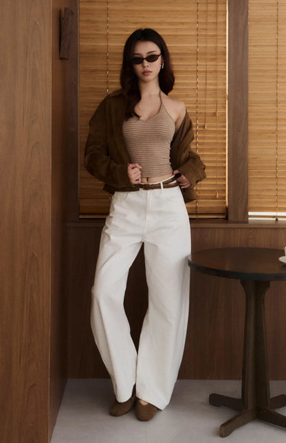 Striped Halter V-Neck Ribbed Bra Top<br/>美胸V領綁帶條紋Bra Top