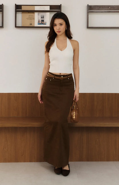 Ribbed Knit Halter V-Neck Bra Top<br/>針織坑條V領繞脖Bra Top