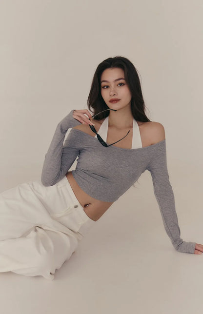 Halter Off-Shoulder Faux-Layer Long Sleeve Bra Top<br/>繞脖一字領假兩件長袖 Bra Top