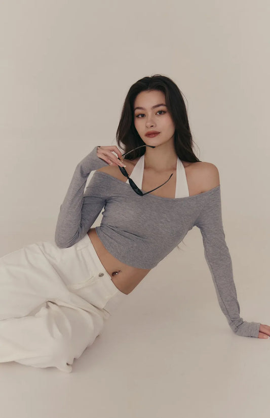 Halter Off-Shoulder Faux-Layer Long Sleeve Bra Top<br/>繞脖一字領假兩件長袖 Bra Top