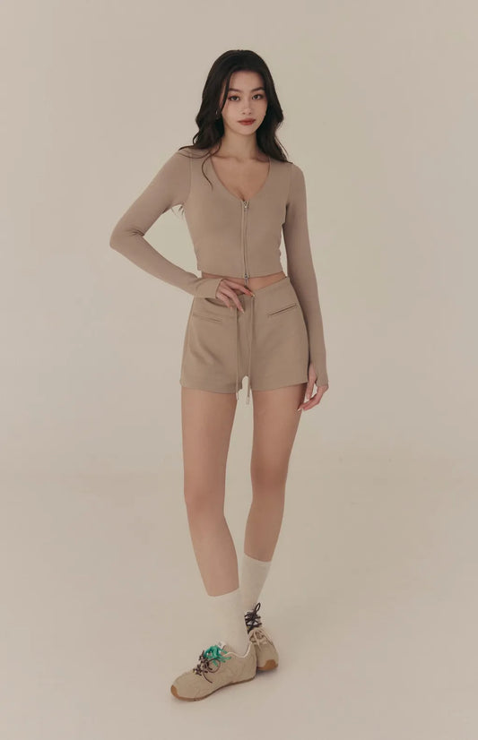 (現貨) Cloud V-Neck Zip Long-Sleeve Bra Top<br/>雲感太空棉V領修身拉鍊長袖Bra Top -【S】