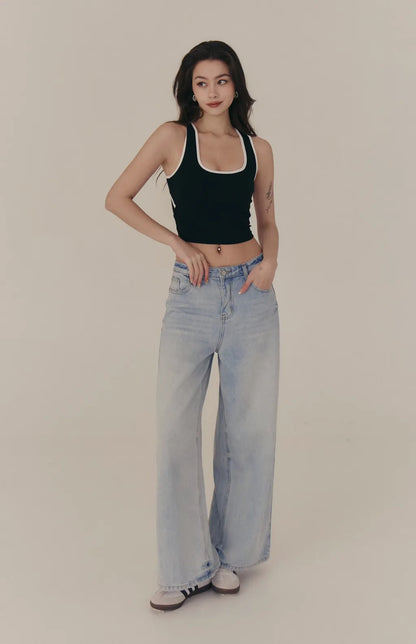 Square Neck Contrast Curved Open-Back Bra Top<br/>方領撞色弧線挖背Bra Top