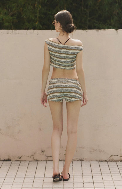 Linen-Look Striped Off-Shoulder Knit Top<br/>仿麻針織條紋一字領上衣